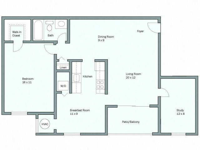 Floor plan for 1 bed, 1 bath, 965 sqft